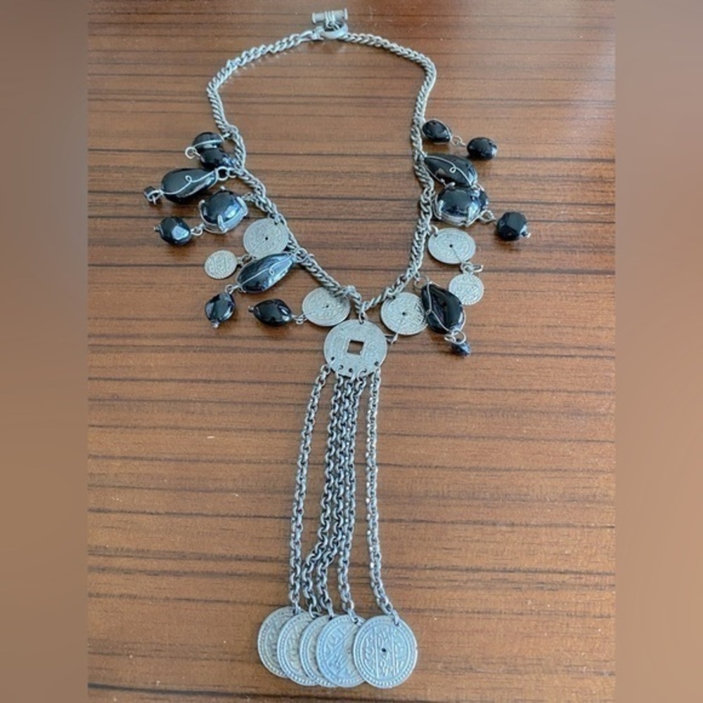 ✅Antique gunmetal tribal style charm / black beaded necklace.